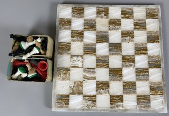 Marble Or Polished Stone Chess Or Checker Board With Miscellaneous Game Pieces