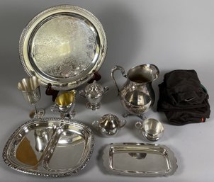 Miscellaneous Pieces Of Vintage Silver Plate Including A Tray, Pitcher & Much More