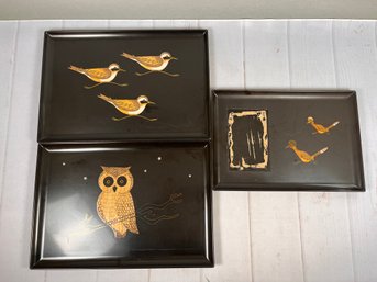 Mid Century Modern Couroc Of Monterey Bird Cocktail Platters - Includes An Owl, A Road Runner, And Killdeer