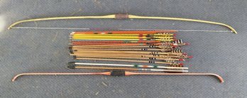 Vintage Assorted Wooden Arrows & Two Bows Including Ben Pearson Jet Bow Model 333 Fiberglass Recurve