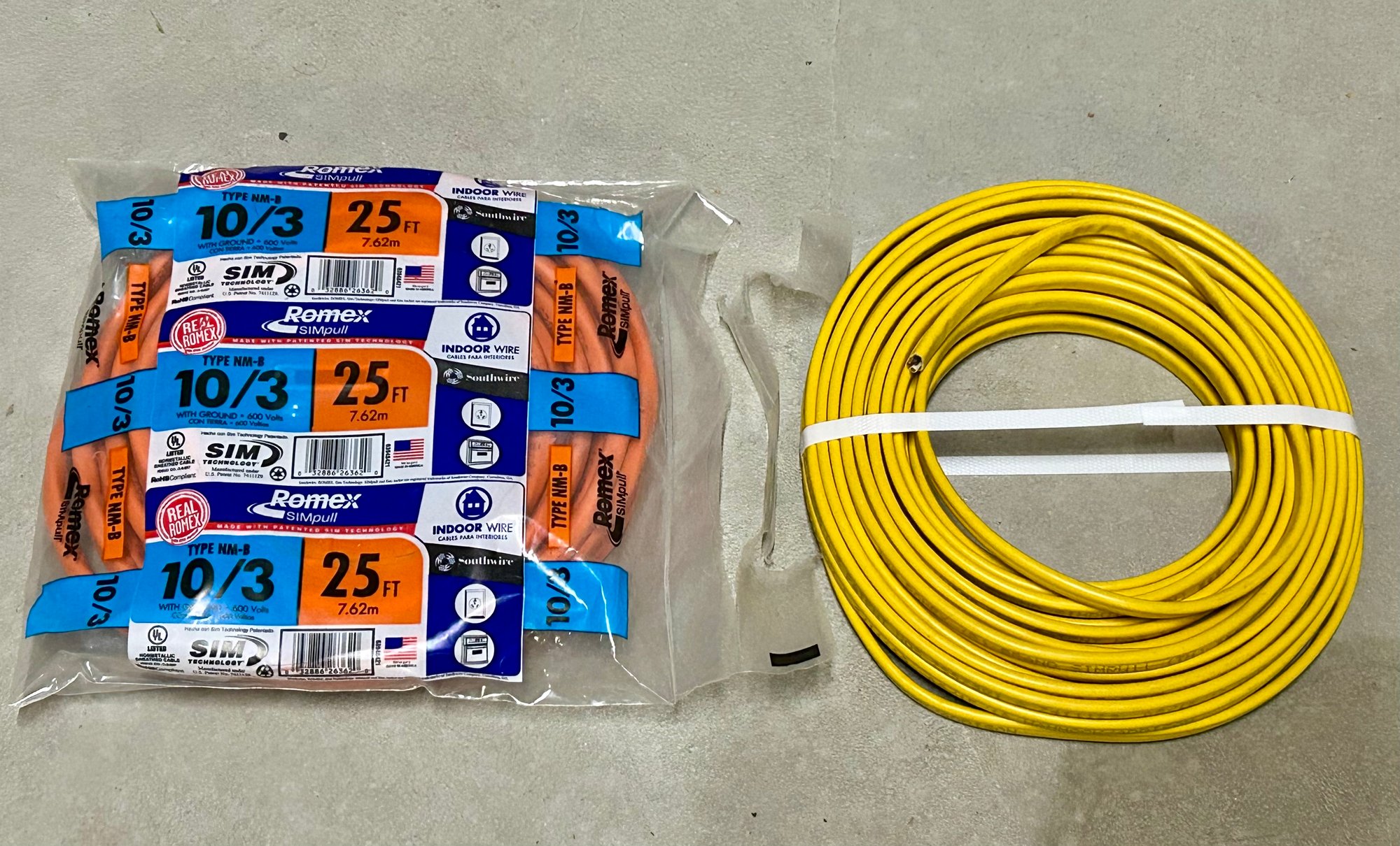 25 Ft. 10/3 Solid Romex SIMpull CU NM-B W/G Wire And Yellow Electric ...