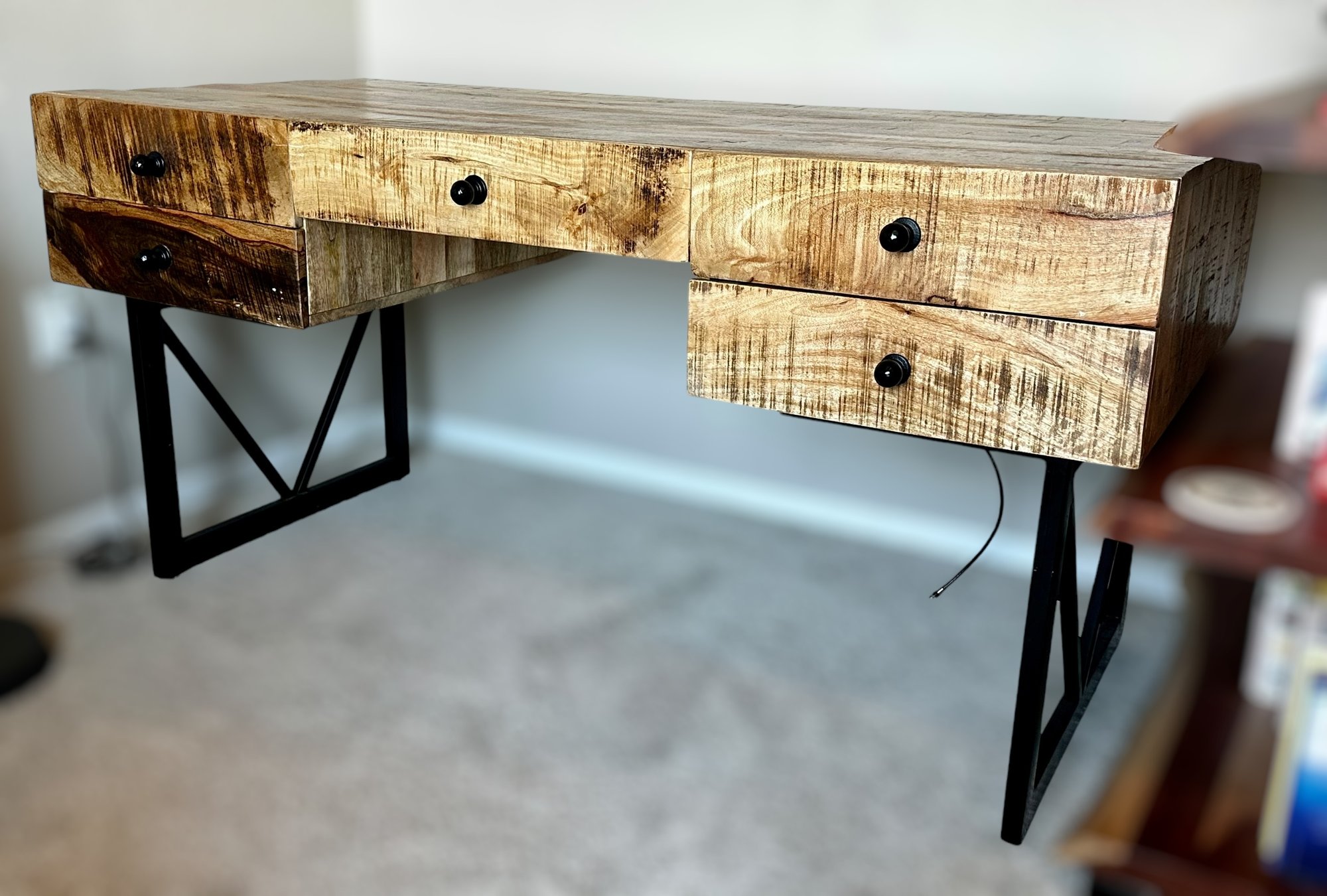 Rustic Farmhouse 4 Drawer Wood Writing Desk W/ Wrought Iron Legs #15791 ...