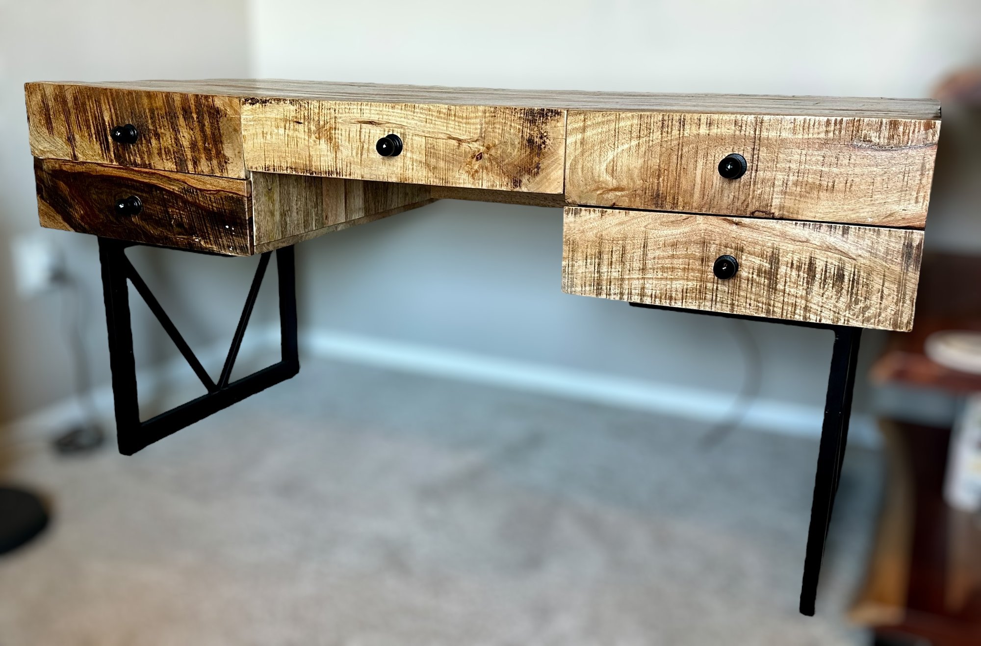 Rustic Farmhouse 4 Drawer Wood Writing Desk W/ Wrought Iron Legs #15791 ...