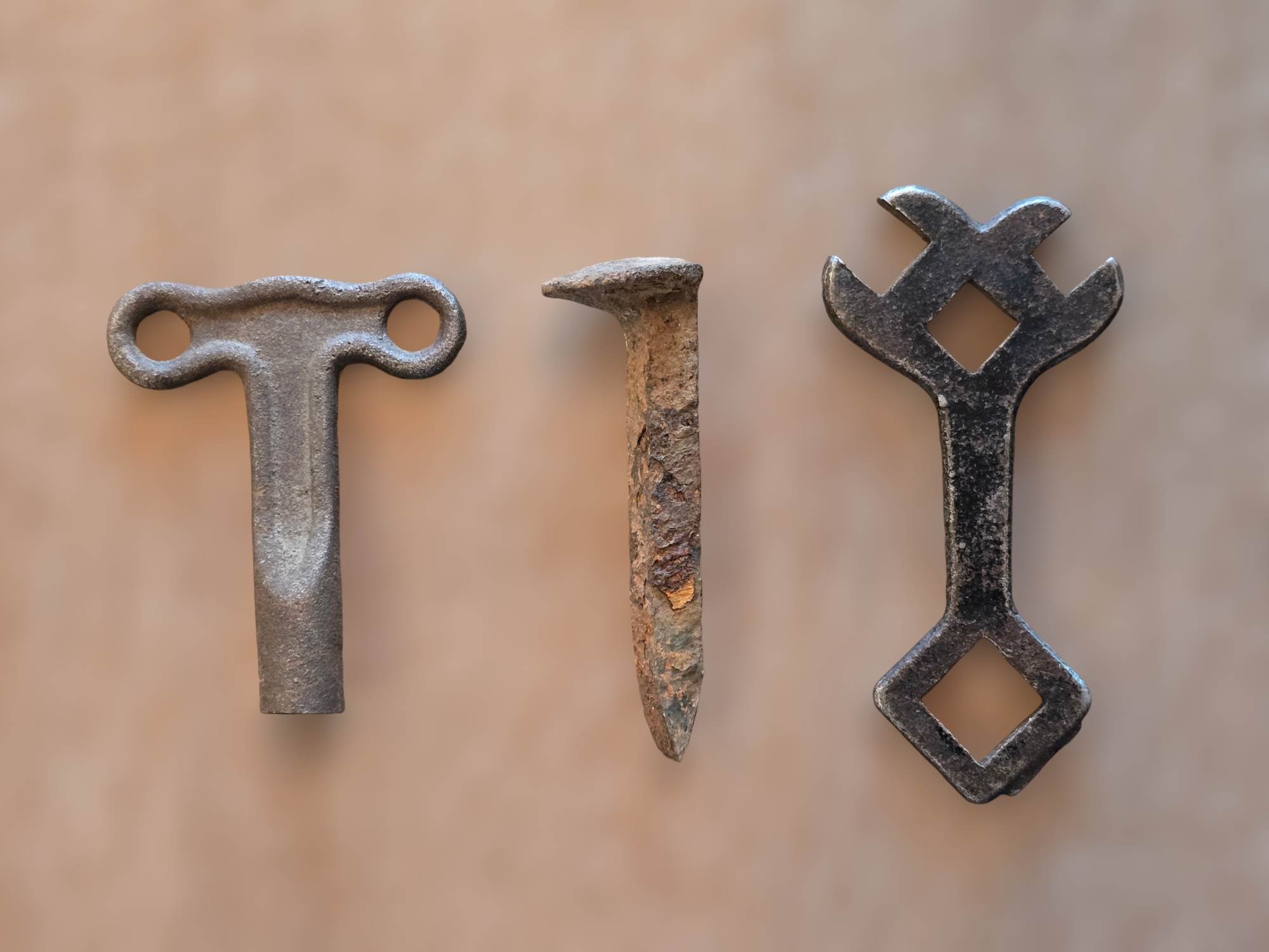 Vintage Collection Of A Farm Monkey Wrench, Clock Key And Railway Tie