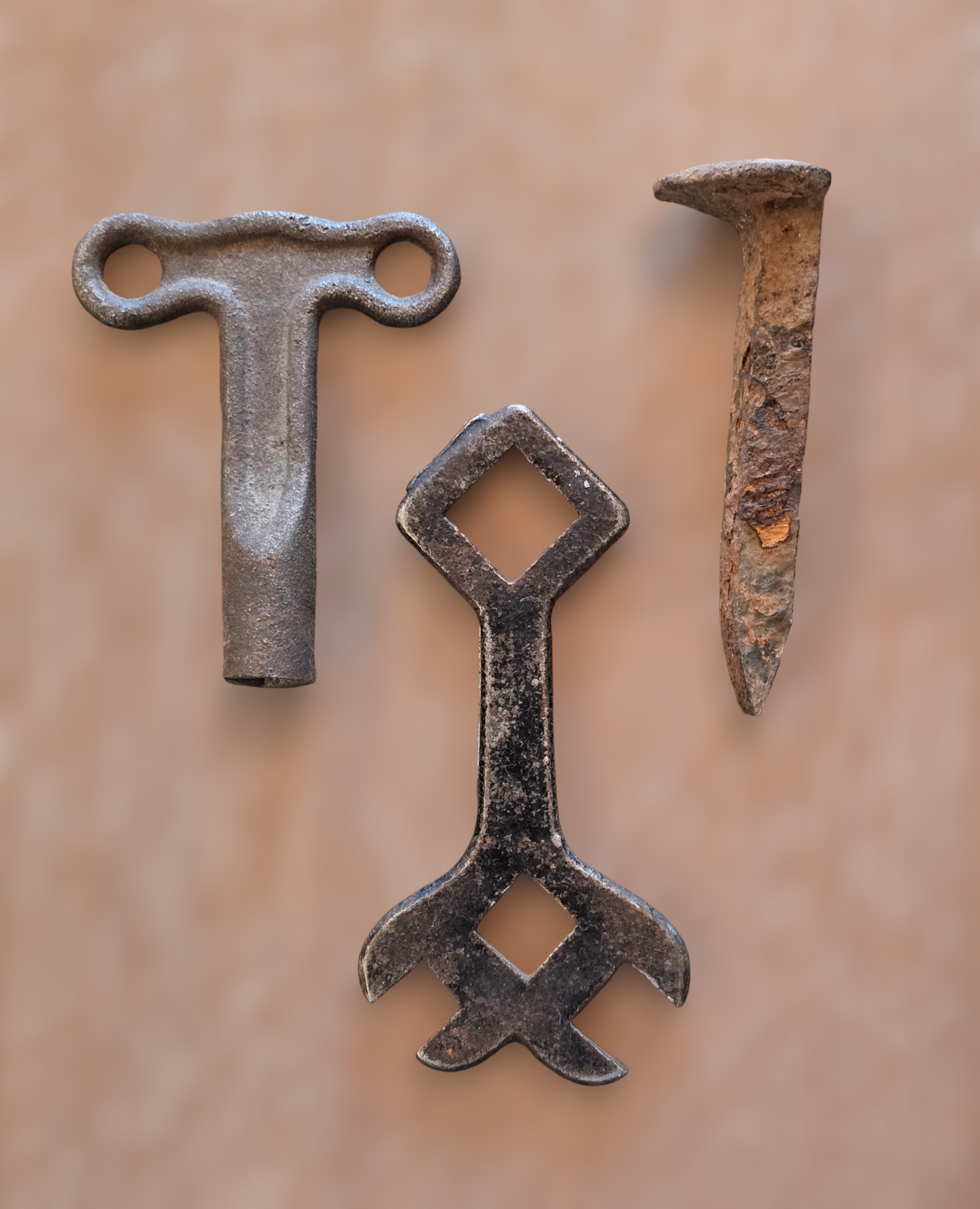 Vintage Collection Of A Farm Monkey Wrench, Clock Key And Railway Tie