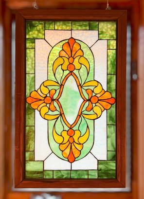 Stunning Victorian Tiffany-style Green & Orange Stained Glass Hanging Window Panel (28x18 Inch)