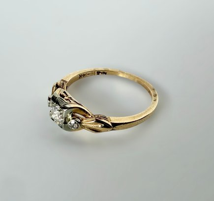 Breath-taking 14k Yellow Gold Art Deco European Cut Diamond Ring Size 7.5