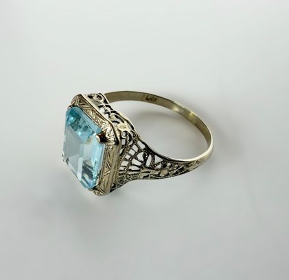 Extravagant Emerald Cut Blue Gemstone 14k White Gold Filigree Ring Size 7