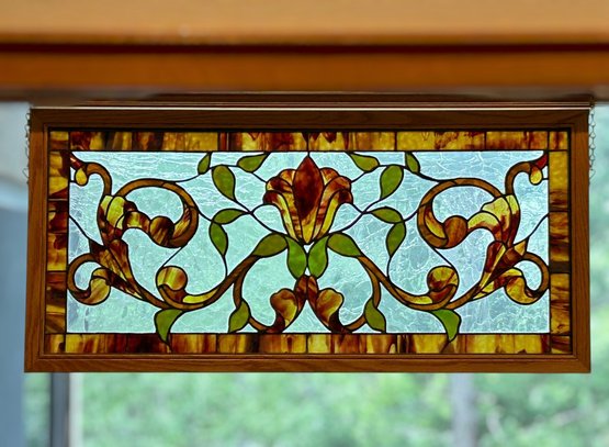 Gorgeous Vintage Wood Framed Floral Stained Glass Window Panel Sun Catcher 37 X 17