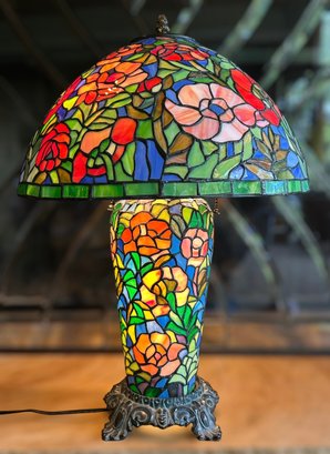 One Of A Kind Tiffany Style Table Lamp W/beautiful Floral Design In Blue, Green  & Red W/ Stain Glass Base