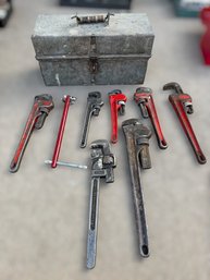 Vintage Pipe Wrench Lot With A Vintage Metal Tool Box