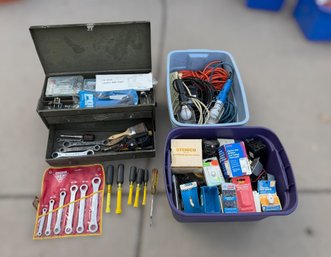 Vintage Metal Cantilever-style Tool Chest With Assorted Hardware/tools And Shop Lights
