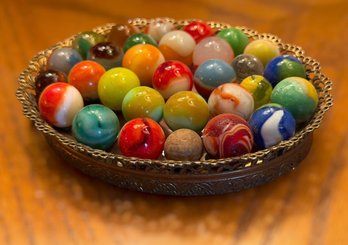 Vintage Colorful Glass Marbles Glued To Gold-tone Tray Decor
