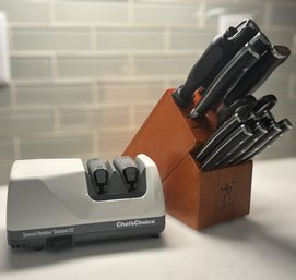 J A Henckels International Knife Collection Featuring Wooden Storage Block And Chef'sChoice Electric Sharpener