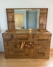 John Sarsfield Oriental Handmade Dresser & Mirror W/ Inlay Bamboo Design & Built In Hidden Jewelry Storage