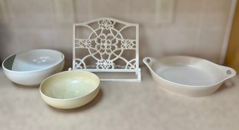 Decorative White Cast Iron Cookbook Stand With Set Of 3 Of Ceramic Bowls And Dishes, Including A Mikasa Bowl