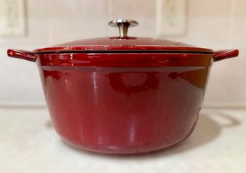 Kroger Red Enameled Cast Iron Dutch Oven With Matching Loop Handles And A Metallic Knob Lid