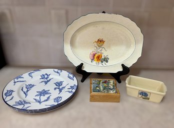 Collection Of Vintage Tableware Items Including Blue And White Floral Plates And Cream Oval Platter