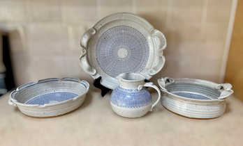 Set Of Handcrafted Studio Art Pottery Featuring Speckled White And Light Gray Stoneware With Blue Patterning