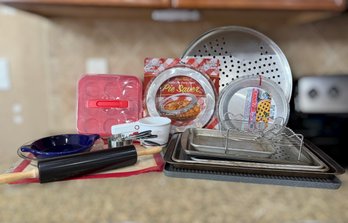 Collection Of Kitchen Bakeware Featuring Pans, Pie Dishes, Rolling Pin, Cupcake Carrier And More