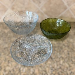 Three-part Divided Relish Tray With A Fruit Design  And Two Coordinating Bowls In Green And Clear Glass
