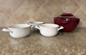 Gooditour Ceramic Soup Bowl Set Featuring Embossed Stoneware Patterns And Red Stoneware Soup Crocks W/ Handles