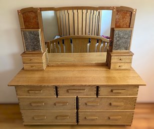 John Sarsfield Custom Handmade Solid Oak Dresser & Mirror W/ Mica Covered Hidden Jewelry Compartments