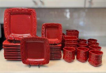 Collection Of Longaberger Pottery Dinnerware In The Woven Traditions Tomato Red Pattern