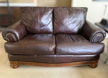 Premium DarkPremium Dark Brown Genuine Leather Loveseat With Nail Head Trim & Solid Wood Feet