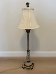 Traditional Style Table Lamp Featuring An Old Oak Antique Brown Finish And A Beige Fabric Shade