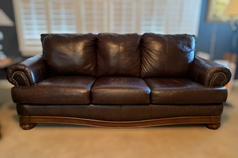 Traditional DarkTraditional, Dark Brown Leather Sofa With Rolled Arms, Nail Head, Trim, And Solid Wood Feet