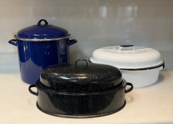 Enameled Turkey Roaster, Black Metal Turkey Roaster And Blue Enameled Stock Pot