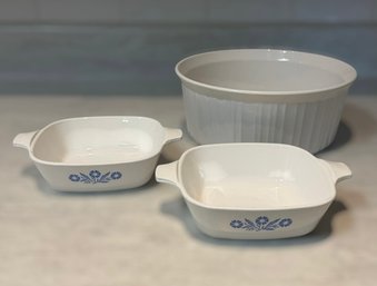Vintage Corning Ware Baking Dishes In The Iconic Blue Cornflower Pattern And Round Ribbed Casserole Dish
