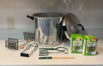 Home Canning Collection Featuring A 23qt Pressure Cooker, Lids W/ Bands And Utensils