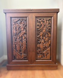 Hand-carved Wood Oriental Rolling Bar Cabinet With 360-degree Intricate Paneling, Marble Bar Top And Storage