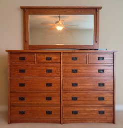 Solid Oak Mission-Style 12-Drawer Dresser With Framed Mirror