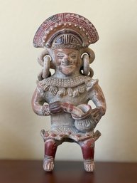 Vintage Pre-Colombian Style Seated Terra-cotta Figure Reproduction Of Mesoamerican Folk Art