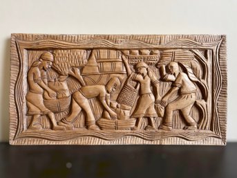 Vintage Hand Carved Wood Wall Panel Bas Relief, Haitian/Caribbean Folk Art Plaque (25x13 Inch)