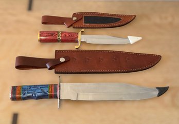 Ashen Edge Hand-made Custom Bowie Hunting Knives W/ Sheathes - Lot Of 2