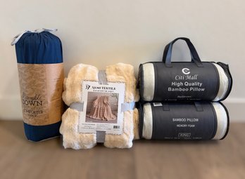 Vito Mall High-quality Bamboo King Pillows, Beige Akmi Textile King Blanket, & Reversible Down Comforter Set