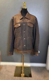 Scully Men's Vintage-style Brown Herringbone Tweed & Leather Trim Jacket Size L
