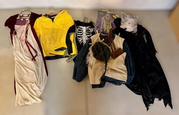 Collection Of Men And Womens Halloween Costumes Featuring A Princess Dress, Skeleton, And Raincoat