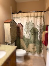 Wooden Outhouse Shower Curtain, Over-the-toilet Wooden Outhouse Medicine Cabinet, & Towel Sets
