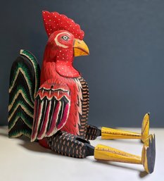 Hand-Painted Folk Art Wooden Rooster Figurine With Articulated Legs