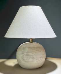 Round Whitewashed Wood Table Lamp With Linen Shade And Dimmable Switch