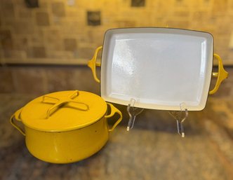 Dansk Kobenstyle Cookware Pair Featuring Sunny Yellow Enamel, Sculptural Handles & Iconic Danish Design