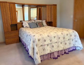 Oak Queen Bedroom Headboard Wall Unit With Mirrors & Storage