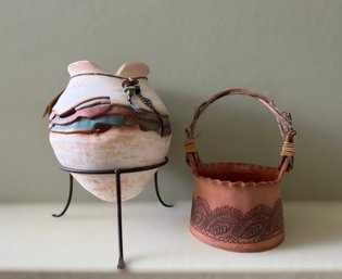 Artisan Pottery Collection Featuring Steven Kaye Sculptural Vessel And David Blanchard Vermont Basket