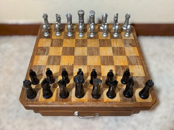 Wooden Chess Set With Storage Drawer & Sculpted Ceramic Chess Pieces