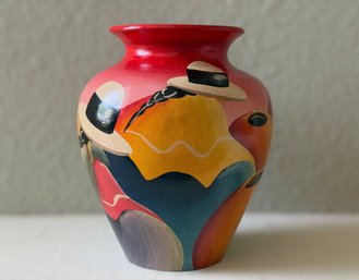 Hand Painted Southwestern Art Pottery Vase Featuring Pueblo Figures Signed By Martha